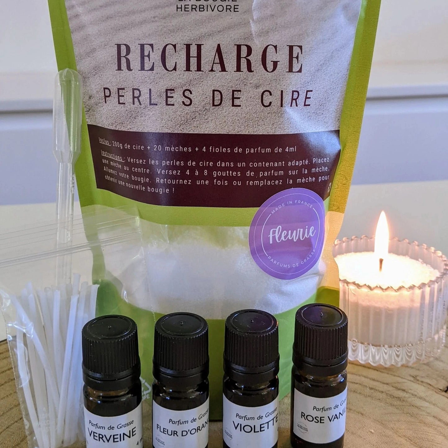 Kit Bougie Parfumée DIY – Perles de Cire Fleuries – 200g – 4 Parfums de Grasse, La Bougie Herbivore