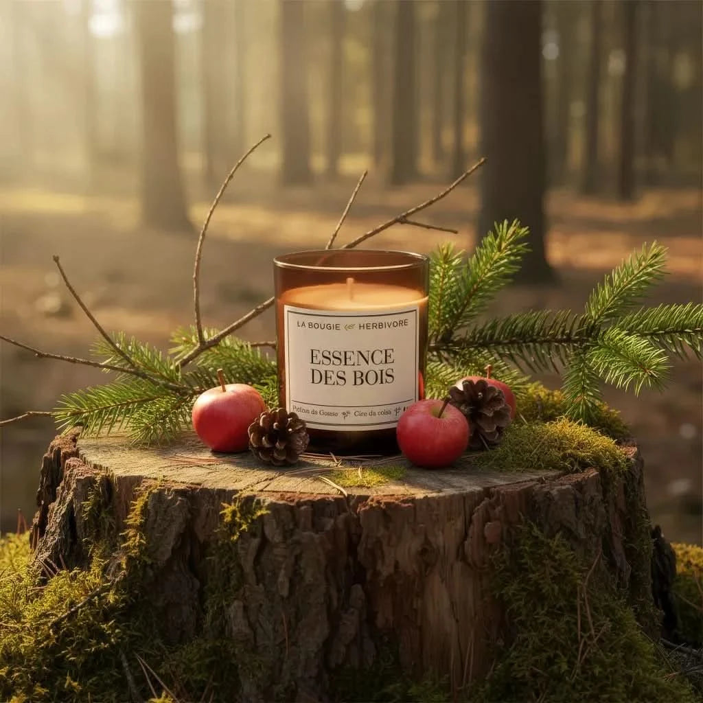 Bougie Parfumée Essence des bois Verre Ambré | Cire de Colza | Parfum de Grasse - 180g