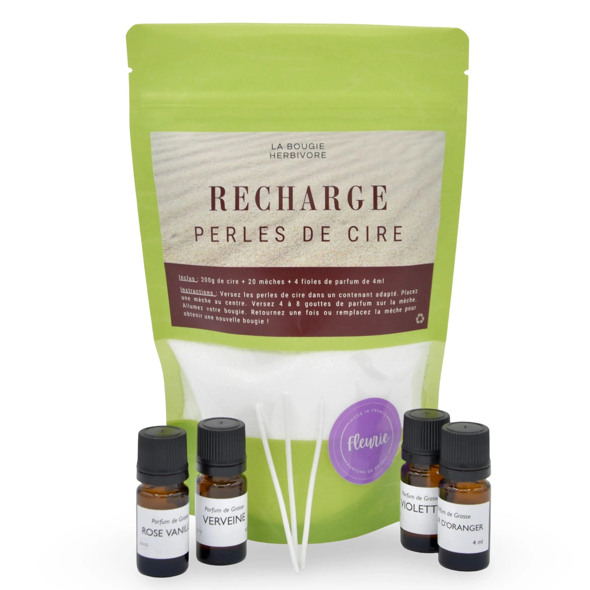 Kit Bougie Parfumée DIY – Perles de Cire Fleuries – 200g – 4 Parfums de Grasse – Recharge Artisanale Naturelle