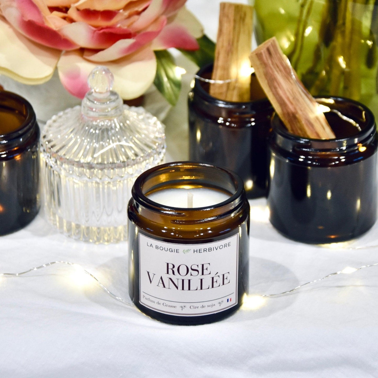 Bougie parfumée "Rose vanillée" à la cire végétale de soja 90g - La Bougie Herbivore